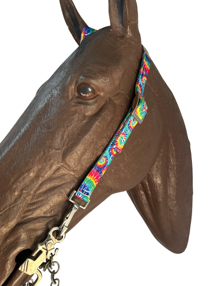 One Ear Headstall  tie dye print with quick change clips average horse size.
