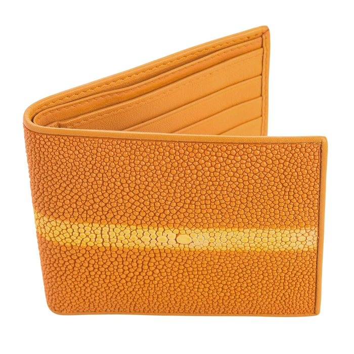 The exterior of a vibrant orange row stingray wallet, showing its unique pebbly texture and the prized central pearl row.