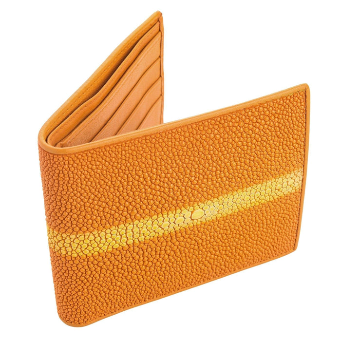 A classic men's bifold wallet made from genuine, high-quality orange row stingray skin.