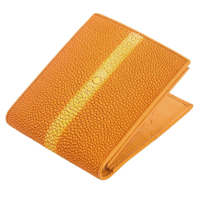An angled view of the orange stingray wallet, a premium piece of luxury exotic leather for men.