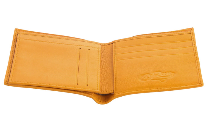 The open interior of the orange stingray wallet, showing the two clear ID windows and multiple card slots.