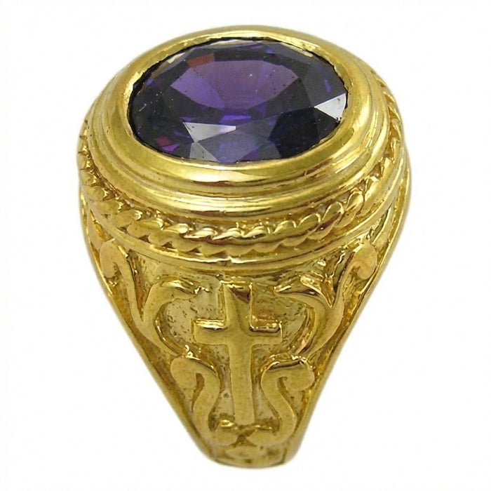Angled view of yellow gold bishop ring highlighting ornate band design and purple amethyst stone