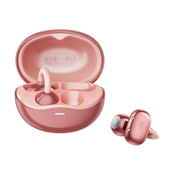 Rose Gold Pebbles Air earbuds with charging case on a white background