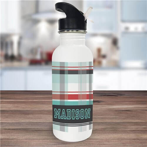 Bliss EDU Personalized Blue Plaid Water Bottle