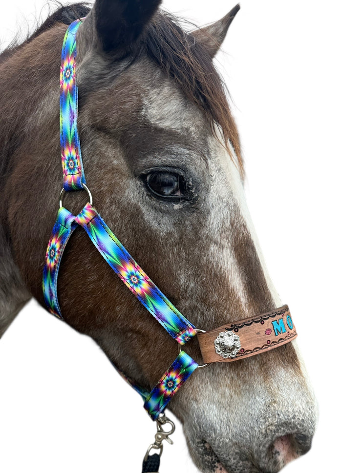 Personalized horse halter tie dye flowers
