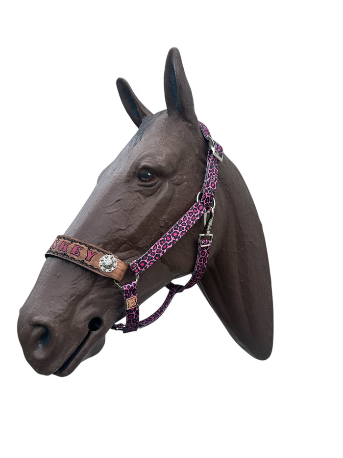 PERSONALIZED pink cheetah nylon horse halter.