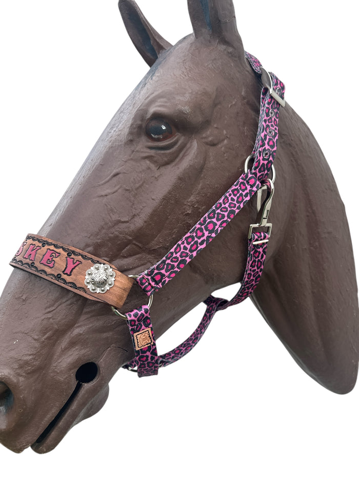 PERSONALIZED pink cheetah nylon horse halter.