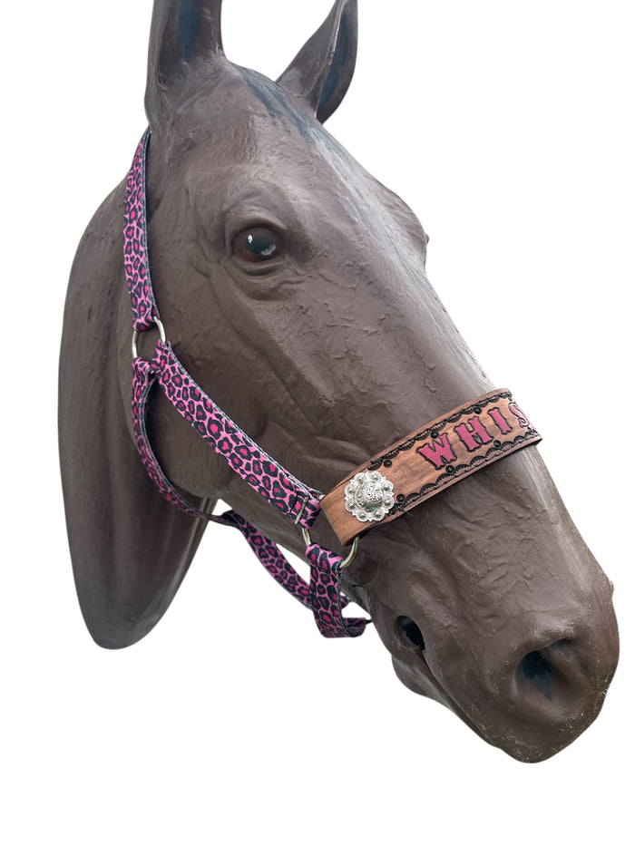 PERSONALIZED pink cheetah nylon horse halter.