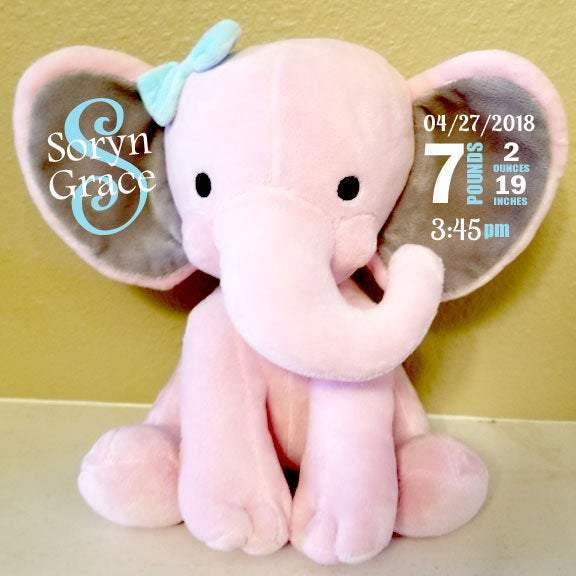Pink stuffed elephant personalized as a baby shower gift for girls