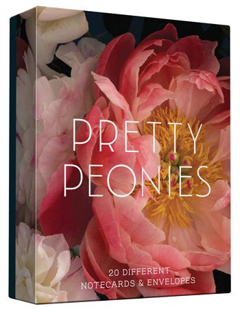 A box of Pretty Peony notecards featuring photographs of peony flowers on the cover, with the text '20 different designs' and 'notecards & envelopes'.