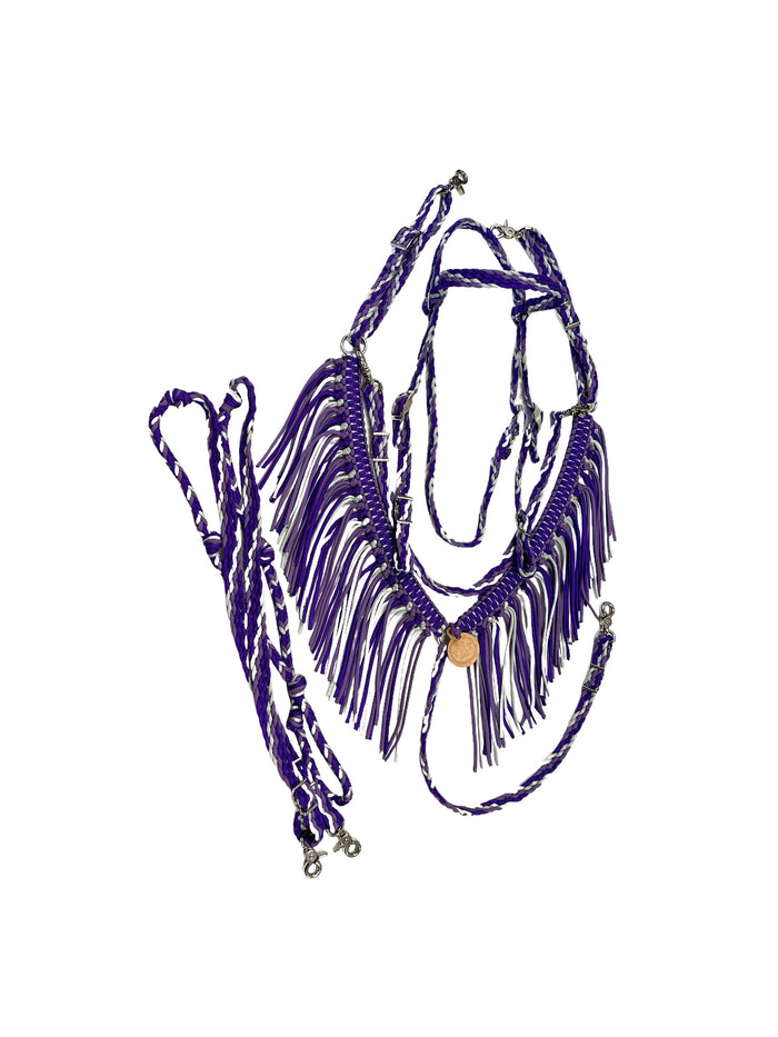 Purple horse tack set,  (fringe breast collar, wither strap, reins, and bridle)