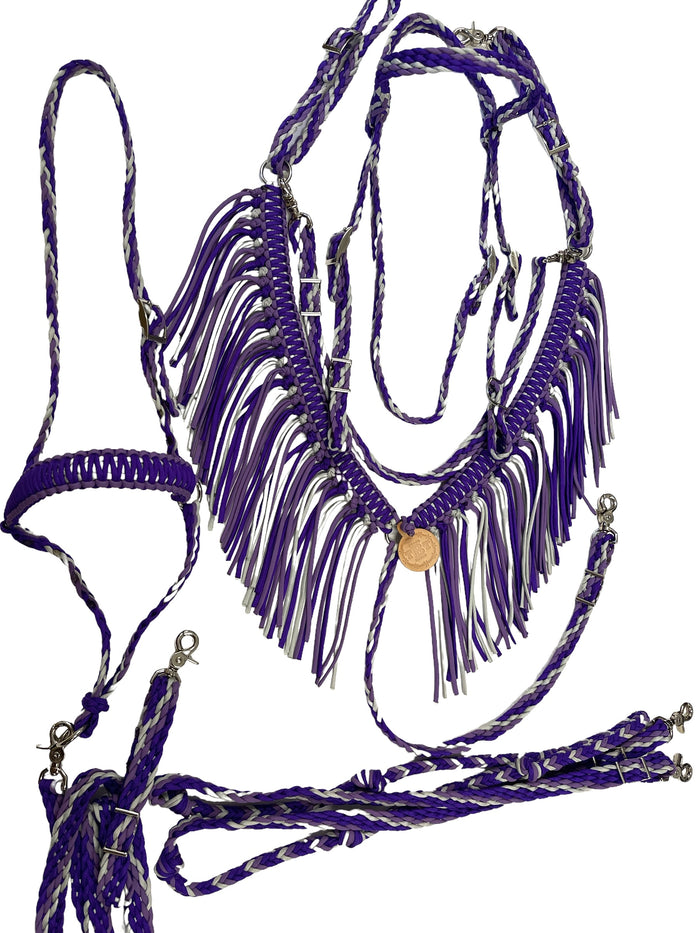 Purple horse tack set with tie down (fringe breast collar, wither strap, reins, and bridle)