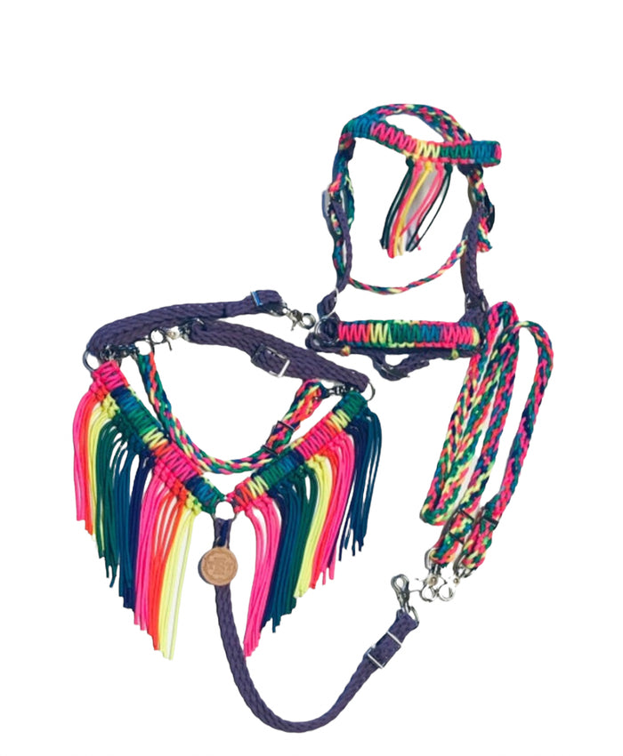 Rainbow Fringe Tack set with bitless bridle - Tiffanys Braided Tack LLC