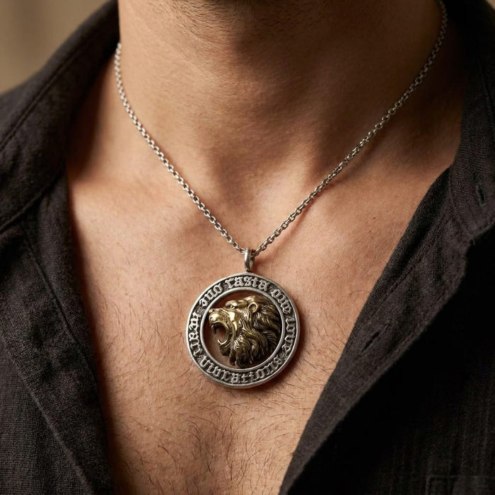 Close-up of a male model wearing a sterling silver and brass Rasta roaring lion coin pendant on a silver chain, styled with an unbuttoned dark shirt.
