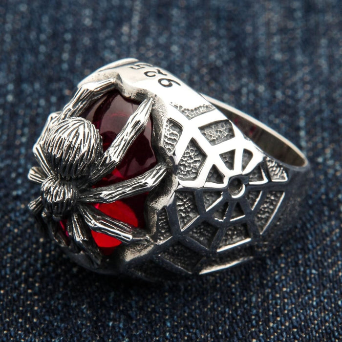 Gothic statement spider ring with red stone