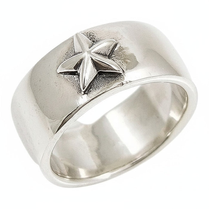 An angled view of the men's biker-style star ring, highlighting its polished finish.