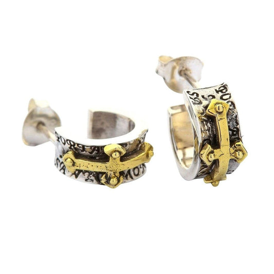 Men's rocker cross sterling silver earrings with 14K gold budded cross accent front view on white background