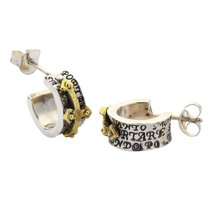 Sterling silver cross earrings displaying handcrafted Latin text engravings and gold cross overlay