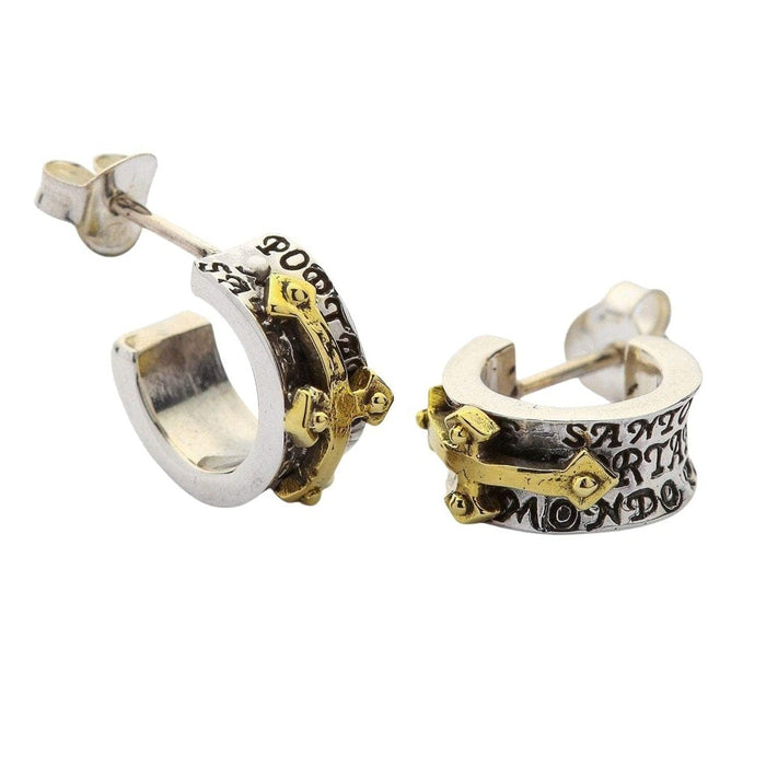 Gothic style oxidized sterling silver hoop earrings with 14K gold plated cross for men