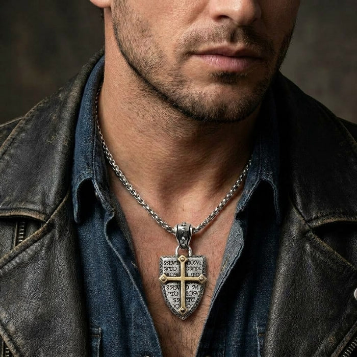 Close-up of a male model wearing a black leather jacket and denim shirt, showcasing a men's silver rocker cross shield pendant necklace featuring engraved text and a raised gold cross detail.