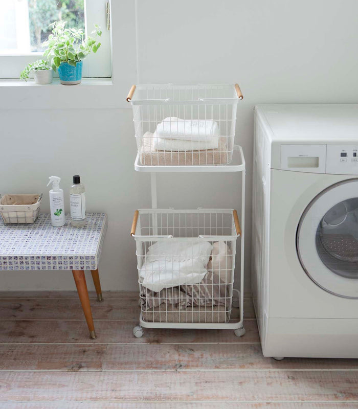 Rolling Laundry Cart + Wire Baskets (38" H)  - Steel + Wood