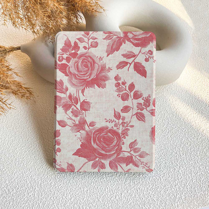 kindle case with pink roses on a textured surface