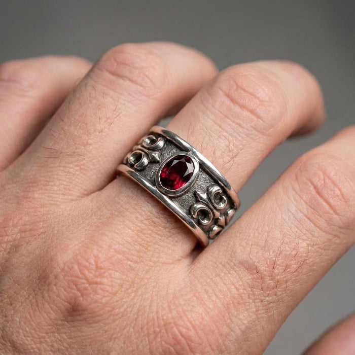 Sterling silver men's statement ring with ruby stone worn on hand