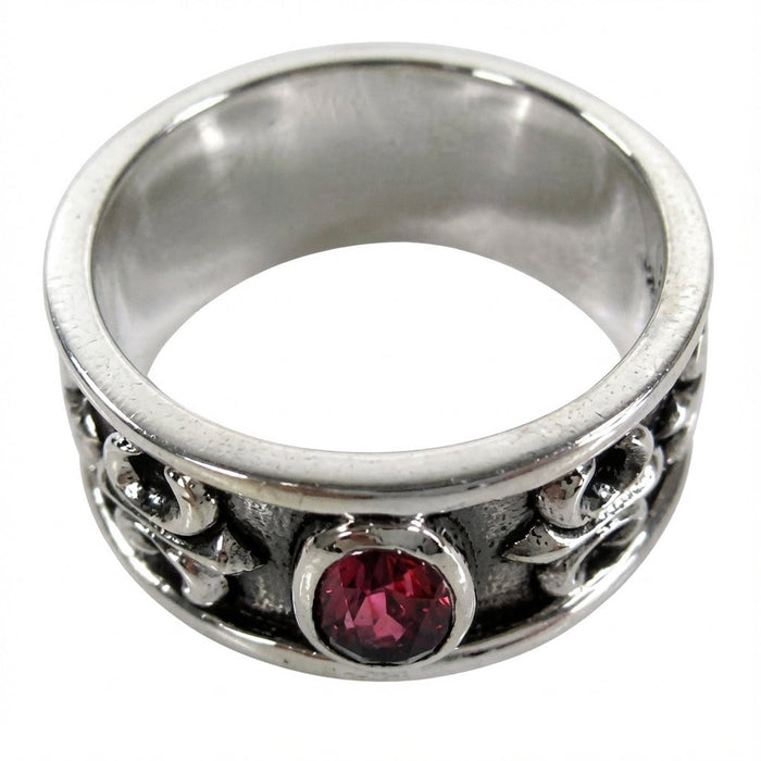 Handcrafted sterling silver men's ring with ruby CZ stone and scrollwork