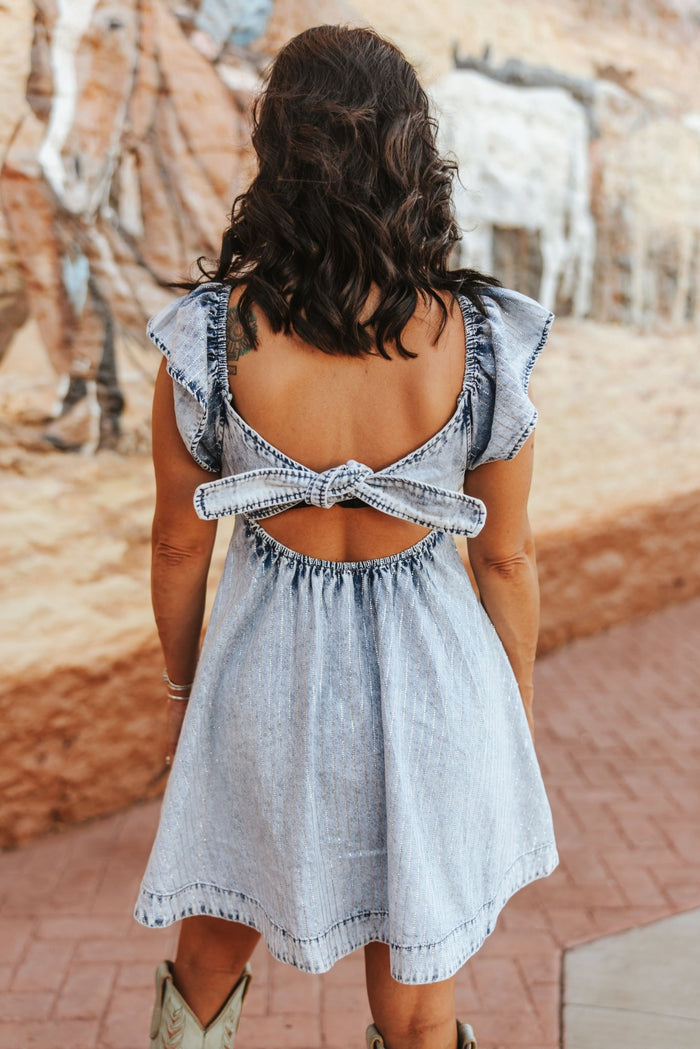 Ruffle Sleeve Denim DressS