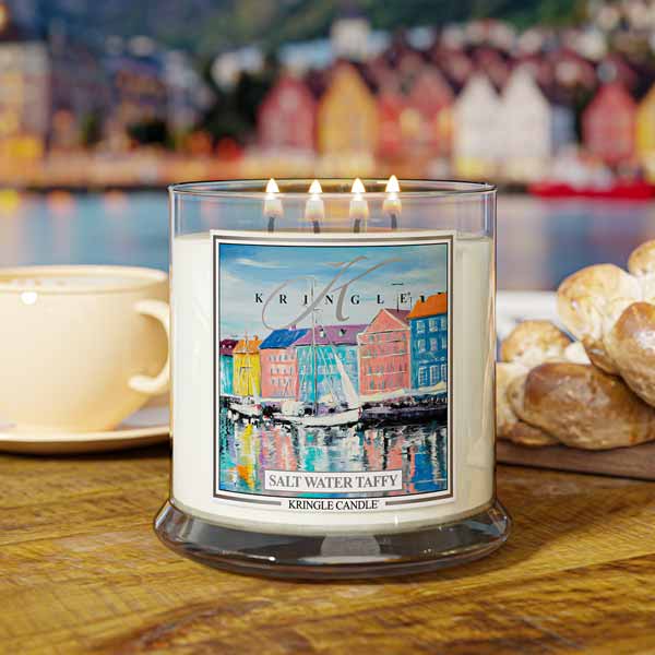 Salt Water Taffy scented 4-wick lit candle by Kringle Candle
