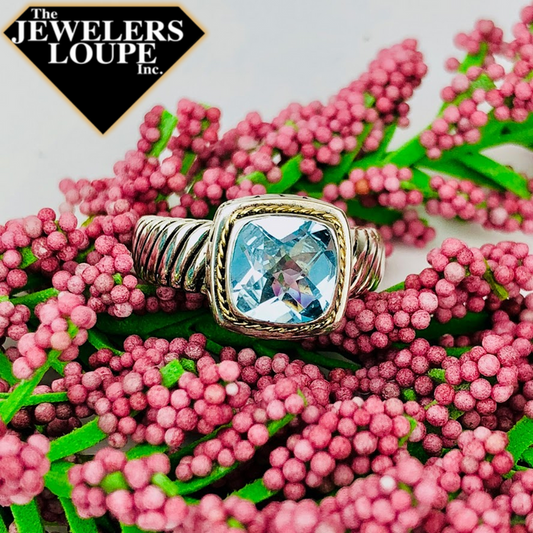 Samuel B. Sterling Silver Ring set with Cushion Cut Blue Topaz accented with 18K Yellow Gold Rope Border,