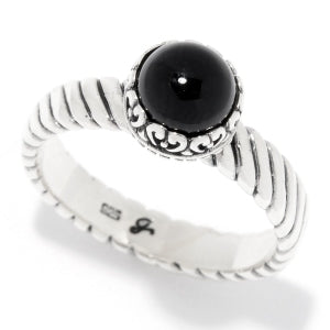 Samuel B Sterling Silver Round Cabachon Onyx Ring with Twisted Rope Design Band