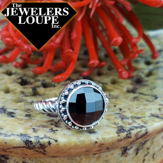 Samuel B. Sterling Silver Ring with 10MM Round Checkerboard Cut Onyx Stone and Twisted Rope Design Band, Size 7.
