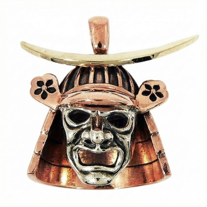 Front view of Samurai mask necklace highlighting brass horns and copper helmet