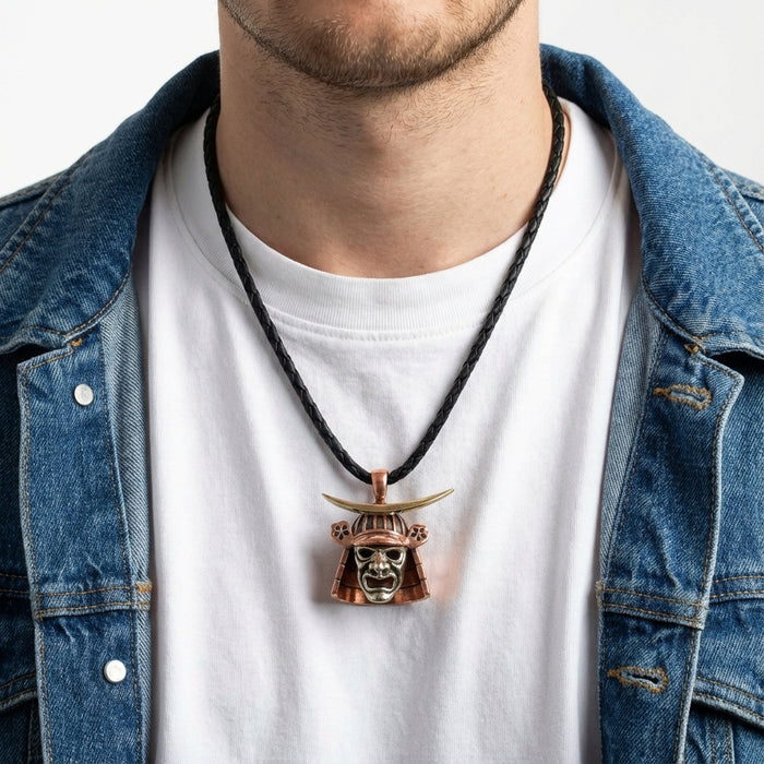 Model wearing mens Samurai Helmet Pendant with denim jacket