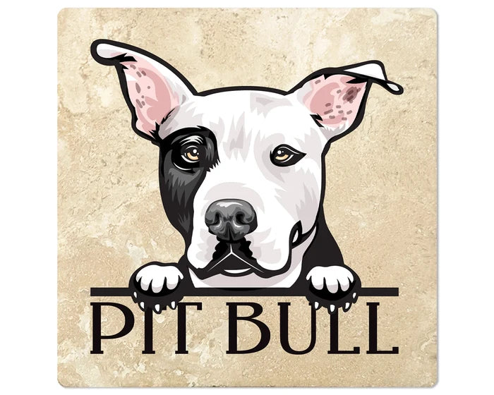 [Set of 4] 4" Square Premium Absorbent Travertine Dog Lover Coasters - Adult Pit Bull - Christmas by Krebs Wholesale