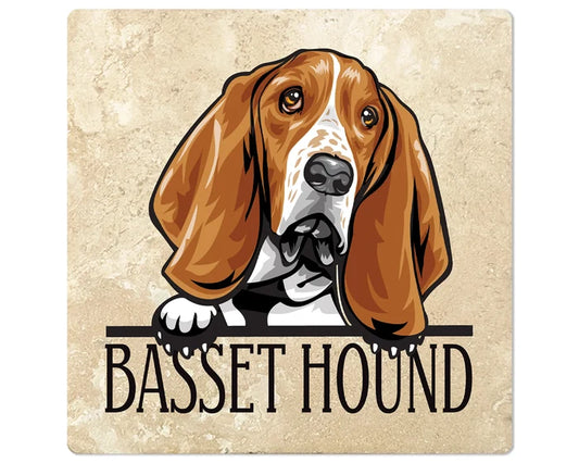 [Set of 4] 4" Square Premium Absorbent Travertine Dog Lover Coasters - Basset Hound - Christmas by Krebs Wholesale