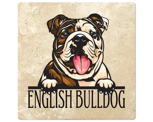 [Set of 4] 4" Square Premium Absorbent Travertine Dog Lover Coasters - Brown & Tan English Bulldog - Christmas by Krebs Wholesale