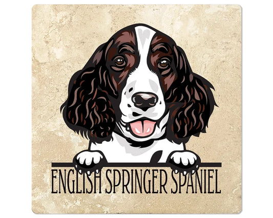 [Set of 4] 4" Square Premium Absorbent Travertine Dog Lover Coasters - English Springer Spaniel - Christmas by Krebs Wholesale