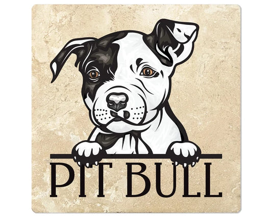 [Set of 4] 4" Square Premium Absorbent Travertine Dog Lover Coasters - Pit Bull Puppy - Christmas by Krebs Wholesale