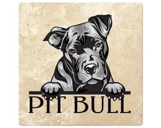 [Set of 4] 4" Square Premium Absorbent Travertine Dog Lover Coasters - Young Pit Bull - Christmas by Krebs Wholesale
