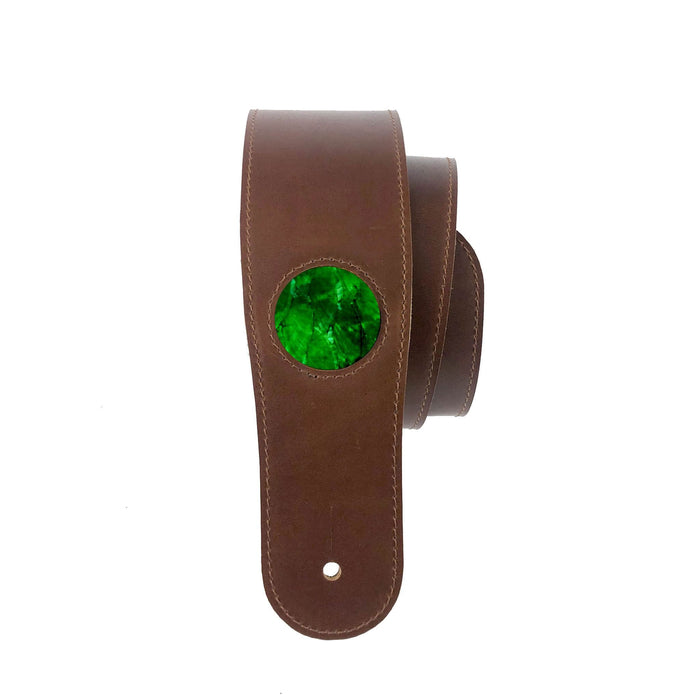 Thalia Strap Shell Inlay | Italian Leather Strap Black / Oversized (Acoustic/Electrics with Endpin Jacks) / Green Angel Wing