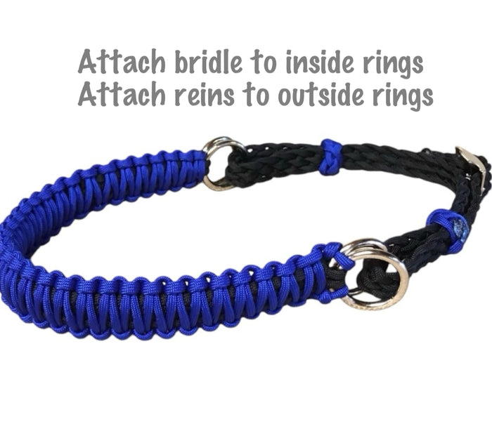 side pull hackamore electric blue   bitless attachment.... with black or brown chinstrap...all sizes - Tiffanys Braided Tack LLC