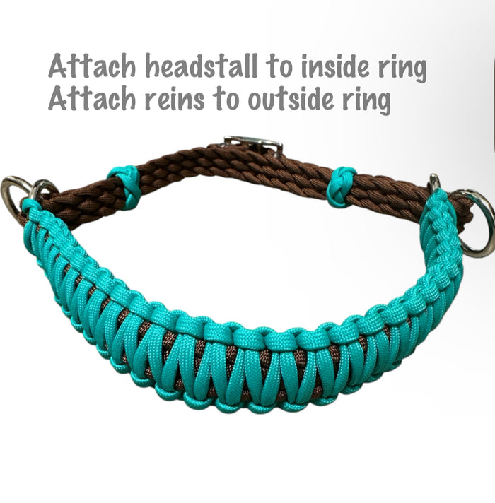 side pull hackamore "with a whoa" bitless attachment....  green turquoise with brown or black chinstrap...all sizes - Tiffanys Braided Tack LLC