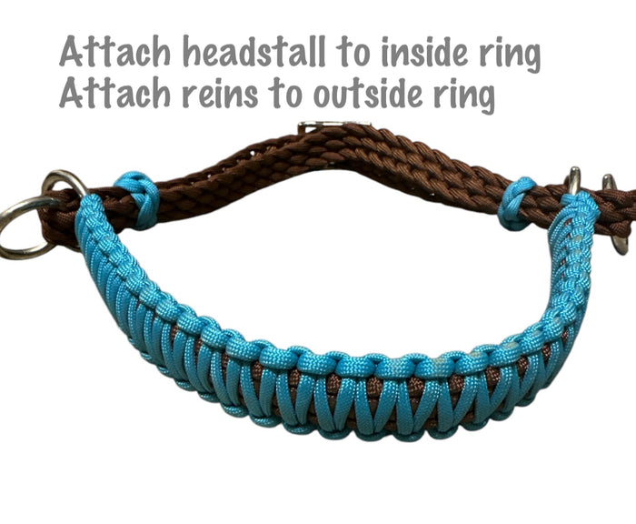side pull hackamore "with a whoa" bitless attachment.... neon turquoise with brown chinstrap...all sizes - Tiffanys Braided Tack LLC