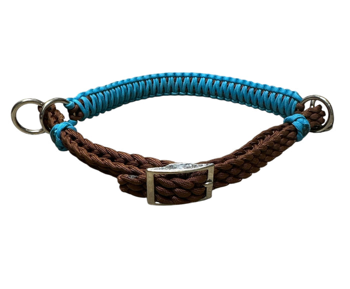 side pull hackamore "with a whoa" bitless attachment.... neon turquoise with brown chinstrap...all sizes - Tiffanys Braided Tack LLC