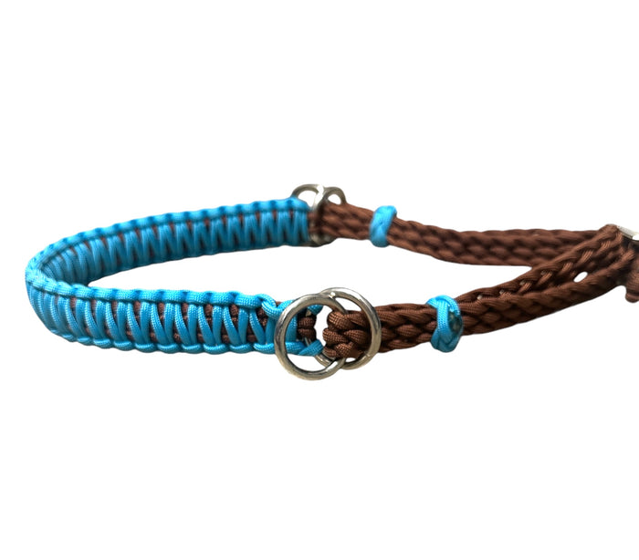 side pull hackamore "with a whoa" bitless attachment.... neon turquoise with brown chinstrap...all sizes - Tiffanys Braided Tack LLC