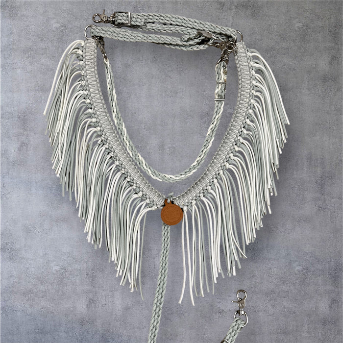 Silver and white fringe breast collar with wither strap and matching round reins