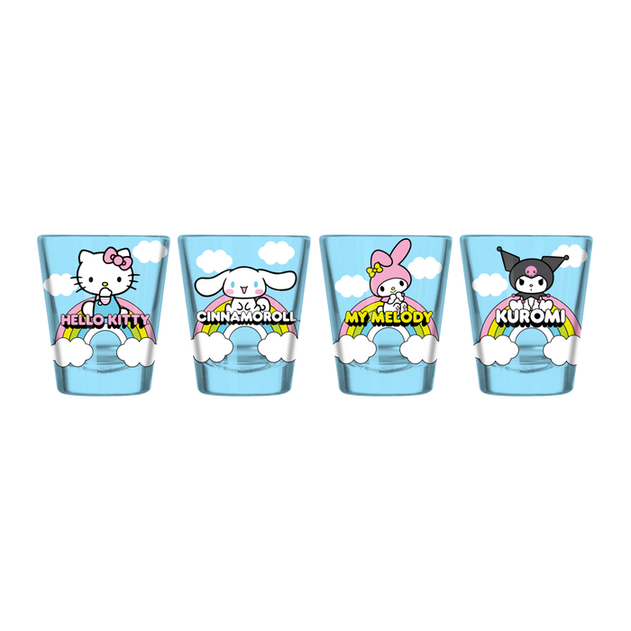 Silver Buffalo Sanrio Characters Sitting On Rainbow 4pc. 1.5oz. Mini Glass