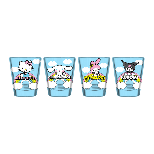 Silver Buffalo Sanrio Characters Sitting On Rainbow 4pc. 1.5oz. Mini Glass